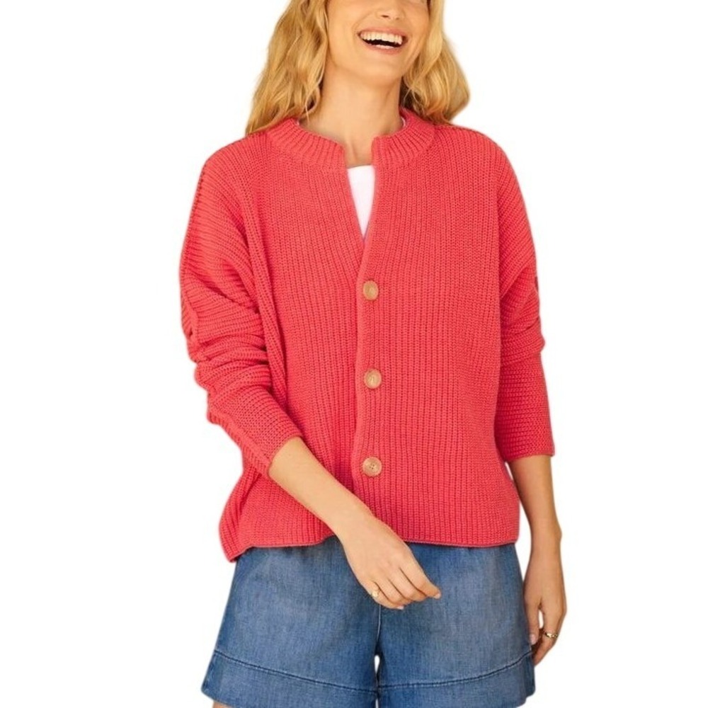 Frank & Eileen Montecito Cardigan Sweater Chunky Knit Coral Pink Lobster Medium